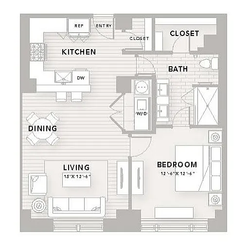 Modern A9 floor plan with 1 bedroom, 1 bath, and 1,000 sq ft featuring an open-concept kitchen and dining area at The Star Houston.