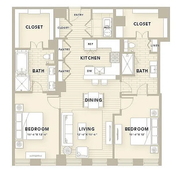 Chic B2 floor plan featuring 2 bedrooms, 2 bathrooms, a modern kitchen with pantry, open dining and living areas, and spacious closets, totaling 1,340 sq ft.