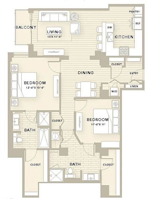 Luxurious B3 floor plan with 2 bedrooms, 2 baths, elegant living and dining areas, spacious kitchen, and balcony, covering 1425 sq ft.