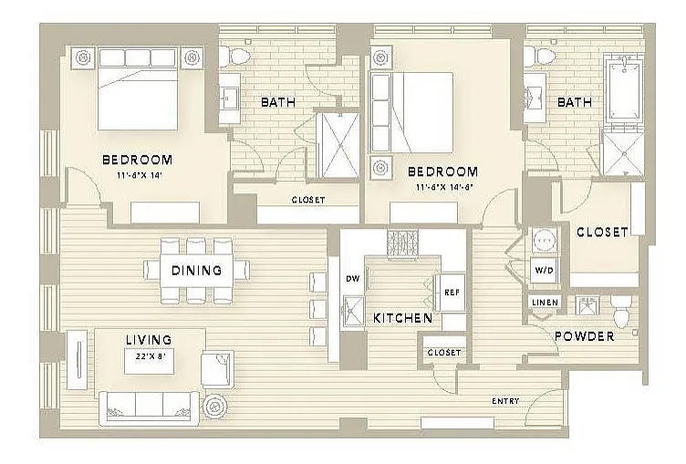 Luxurious B4 floor plan with 2 spacious bedrooms, 2.5 elegant baths, and an open living-dining area, totaling 1,560 sq ft. Features include a modern kitchen, convenient closets, and a cozy powder room.