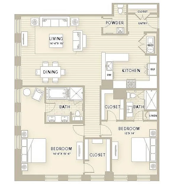 Sophisticated floor plan B5 featuring 2 bedrooms and 2.5 baths with a spacious living area, dining space, and modern kitchen, covering 1,320 sq ft in The Star Houston.