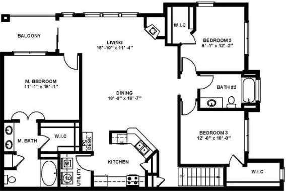 Contemporary floor plan highlighting 3 bedrooms, a welcoming living room, open dining area, and a modern kitchen with adjacent balcony.