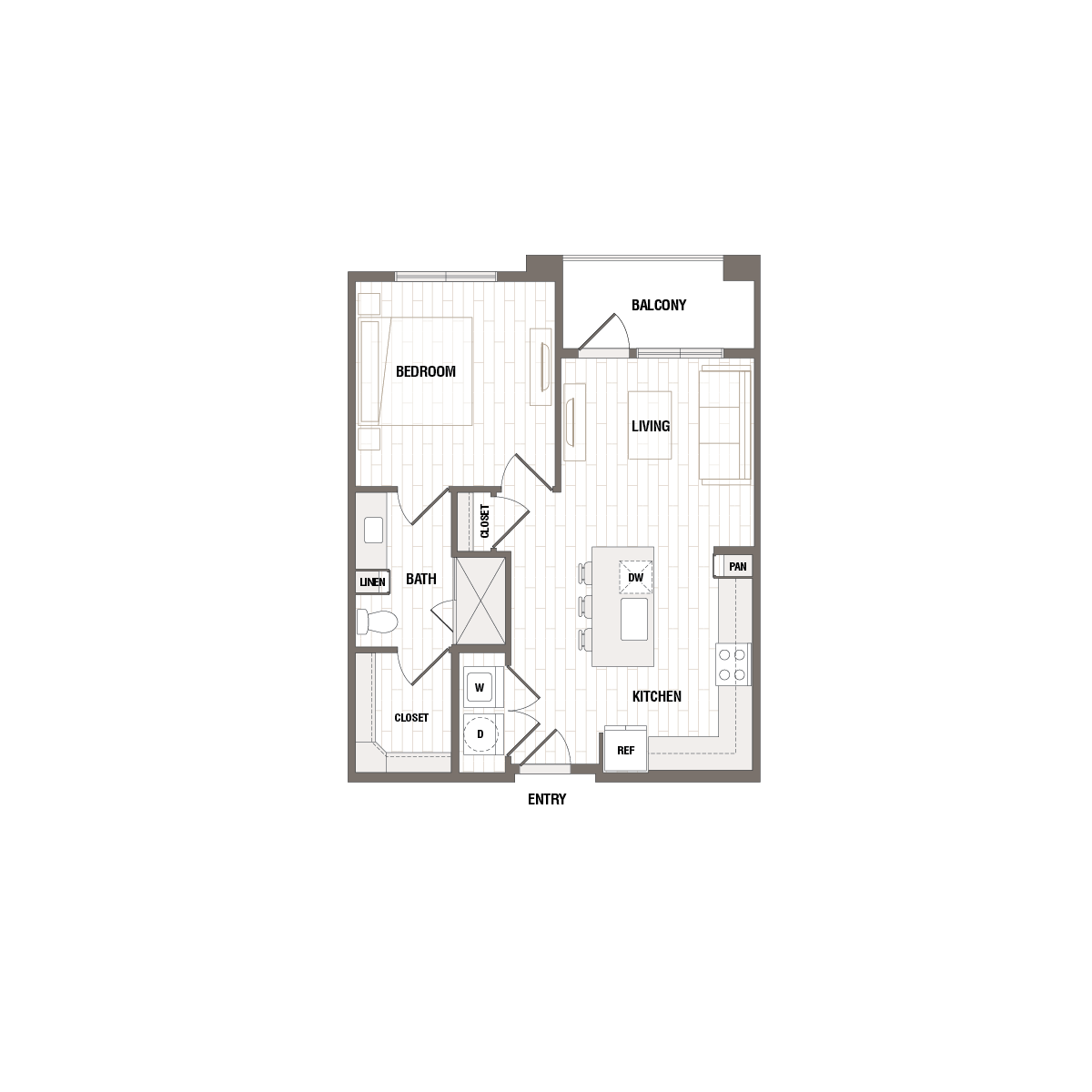 Modern apartment floor plan featuring one bedroom, a sleek kitchen with island, open living area, and private balcony.