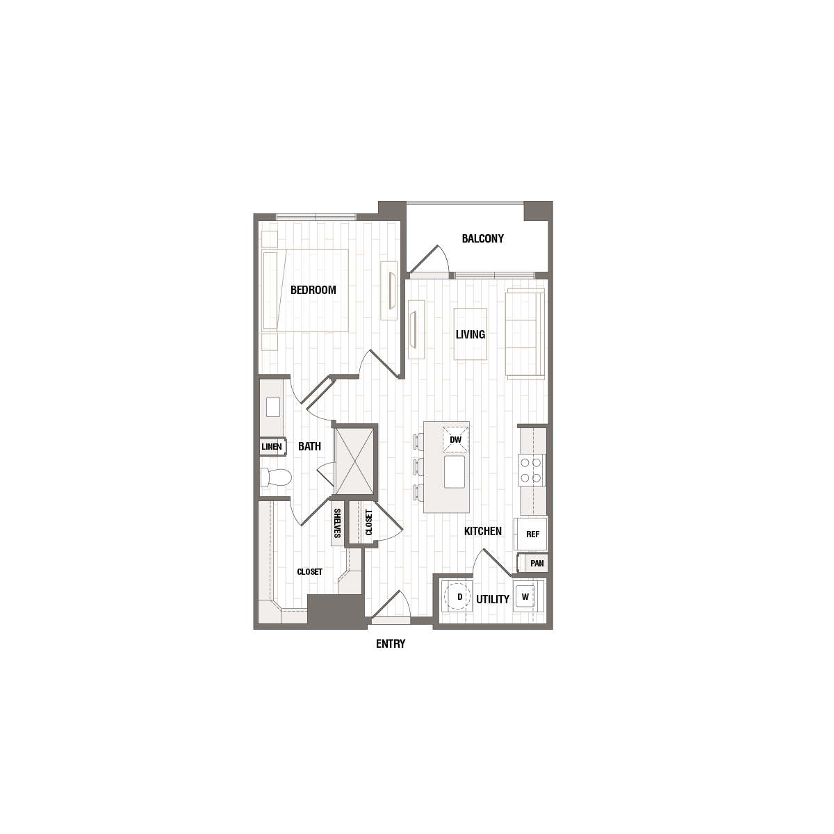Modern floor plan featuring one bedroom, spacious living area, stylish kitchen, and a serene balcony. Includes utility room and ample storage space.