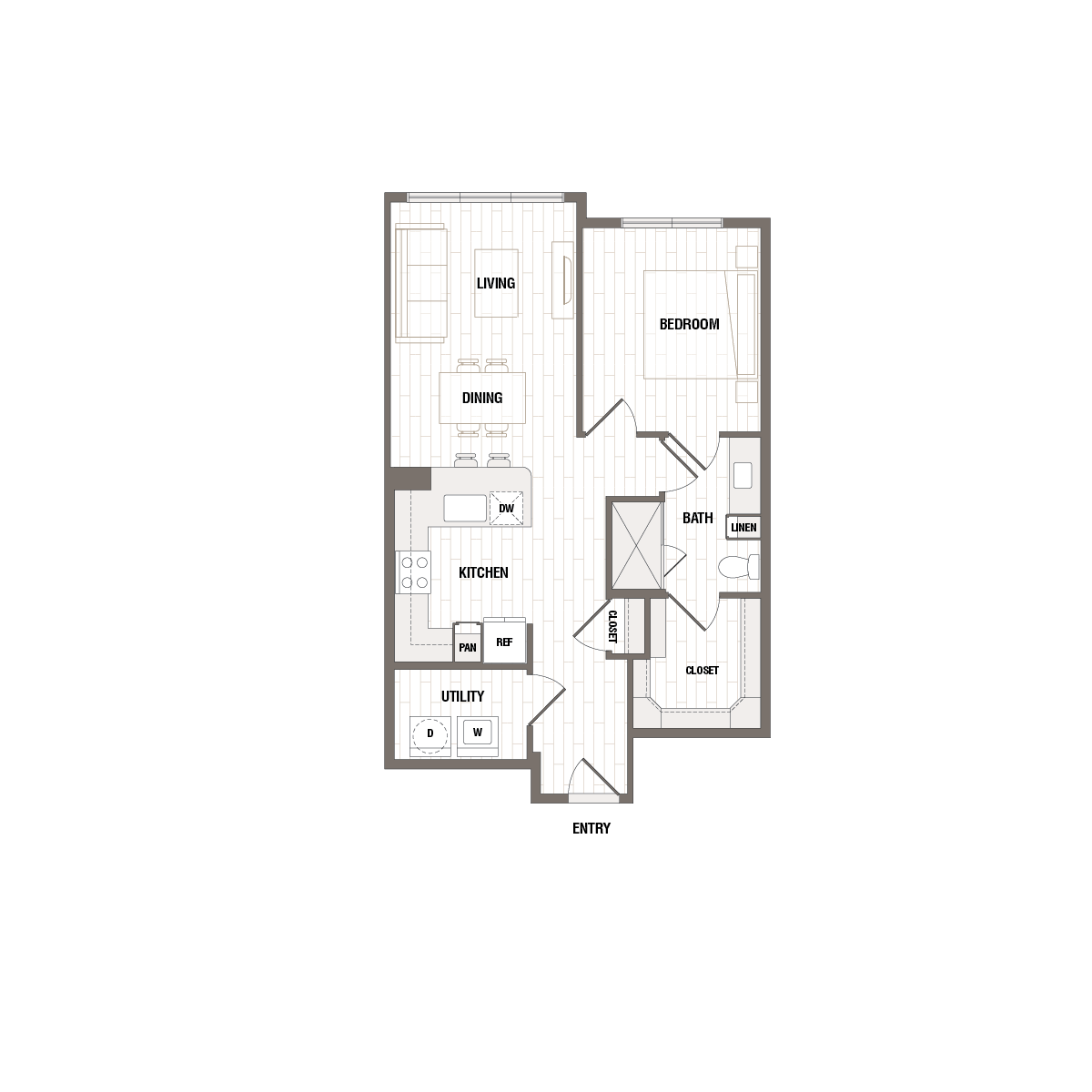 Modern single-bedroom apartment floor plan featuring a spacious living and dining area, well-equipped kitchen, and utility space near the entry.