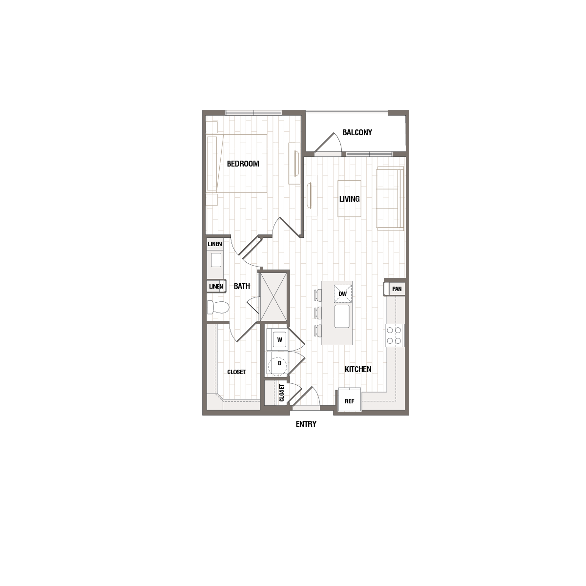 Modern 1-bedroom floor plan featuring a spacious living area, sleek kitchen with dining island, and a cozy balcony.