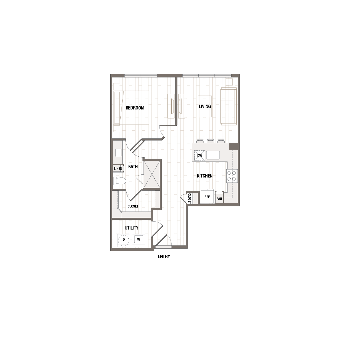 Modern 1-bedroom apartment floor plan with open living area, sleek kitchen with island, and convenient utility space.