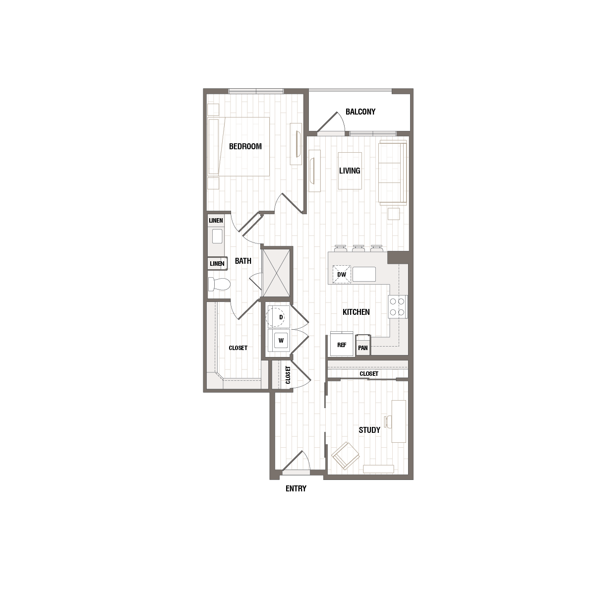 Modern floor plan featuring 1 bedroom, a cozy study, and an open-concept kitchen and living area with balcony access.