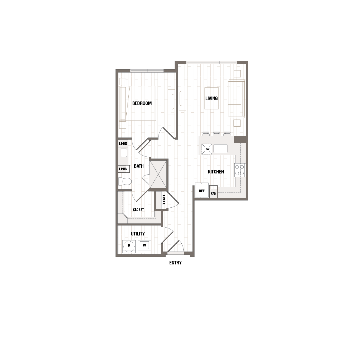 Modern floor plan featuring one bedroom, an open living area, sleek kitchen, and utility room, ideal for comfortable living.