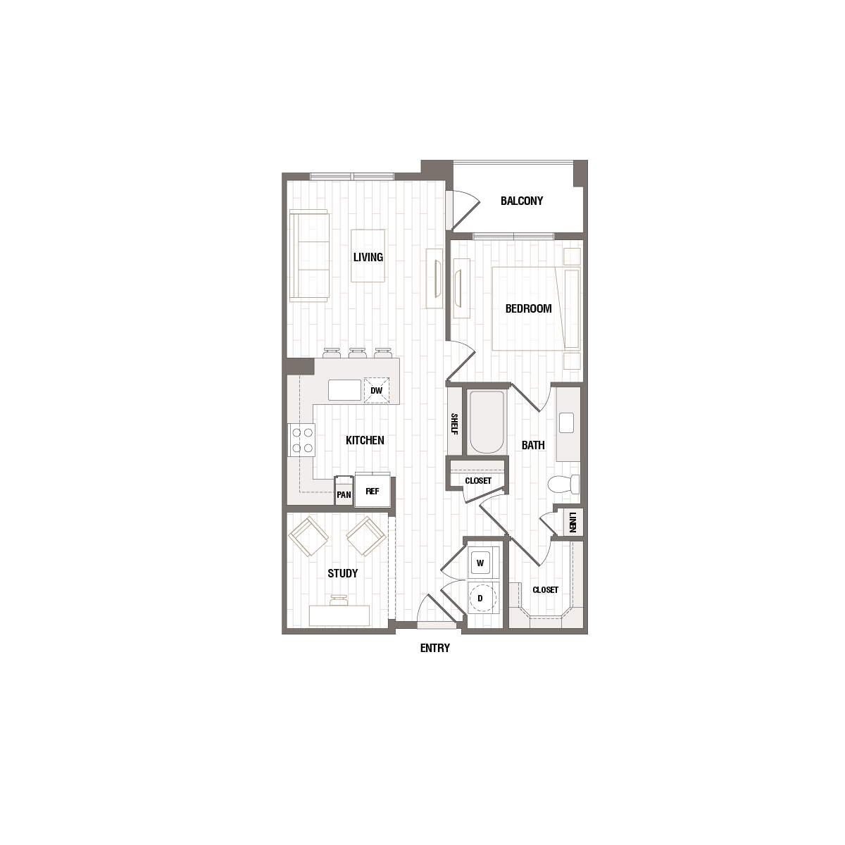 Modern 1-bedroom apartment floor plan with open living area, kitchen, study space, and private balcony.