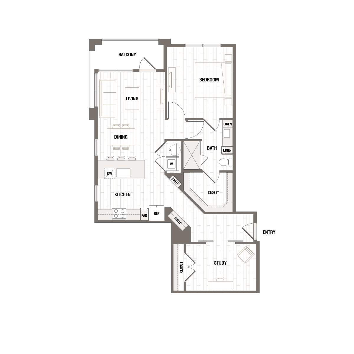 Elegant floor plan featuring a spacious bedroom, open-concept living and dining area, modern kitchen, private balcony, bath, and cozy study.