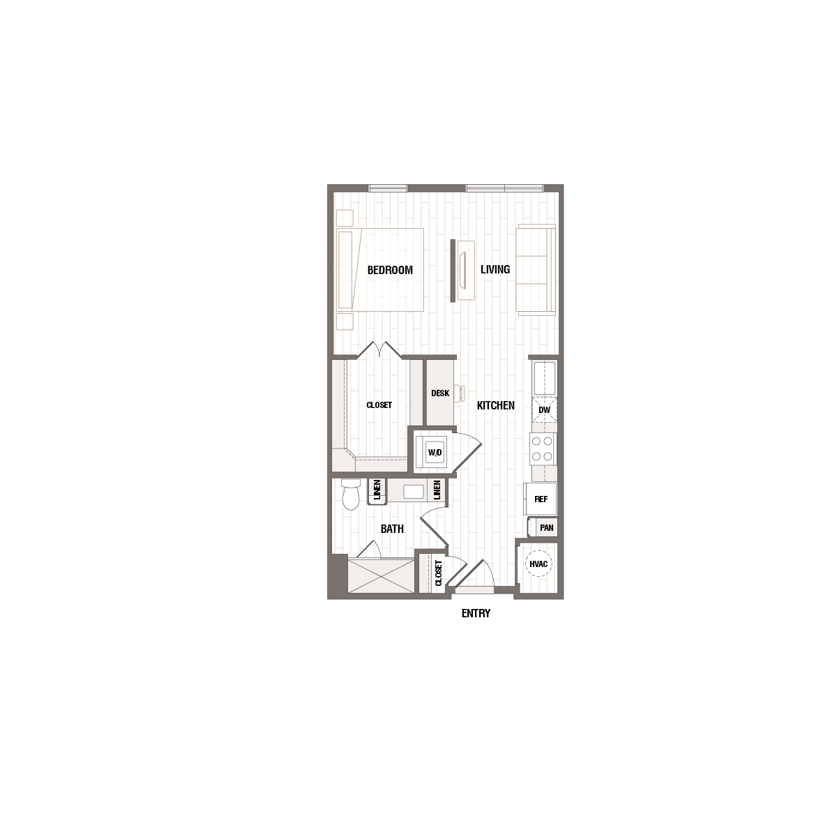 Modern floor plan featuring one bedroom, open living area, elegant kitchen, and convenient in-unit laundry.