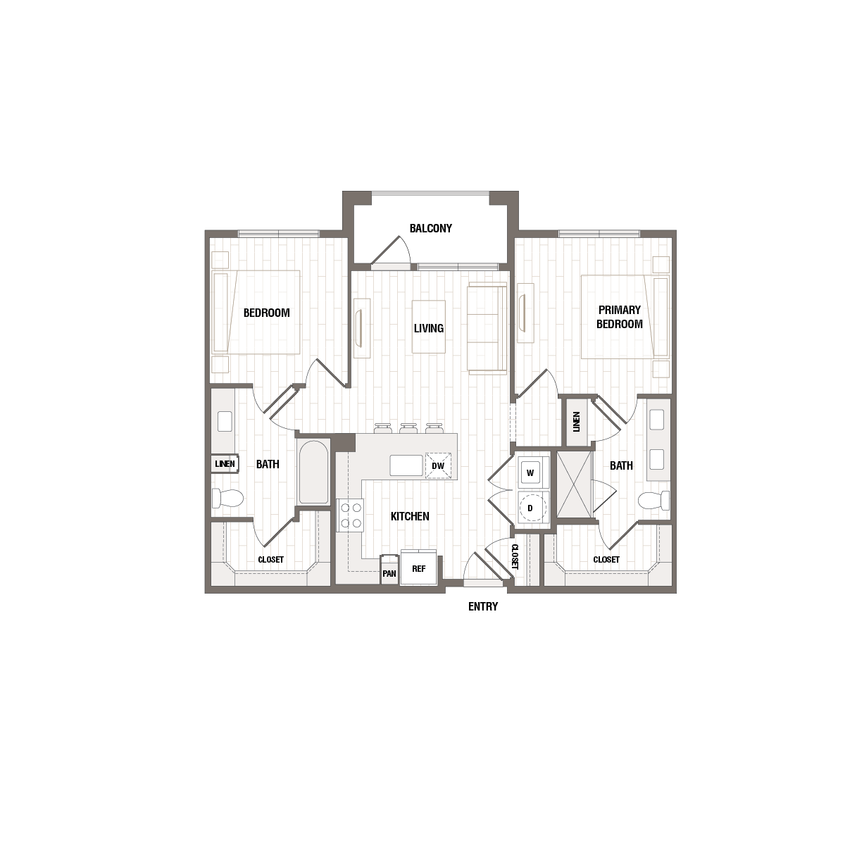 Modern floor plan showcasing 2 bedrooms, spacious living area, open kitchen, and balcony.