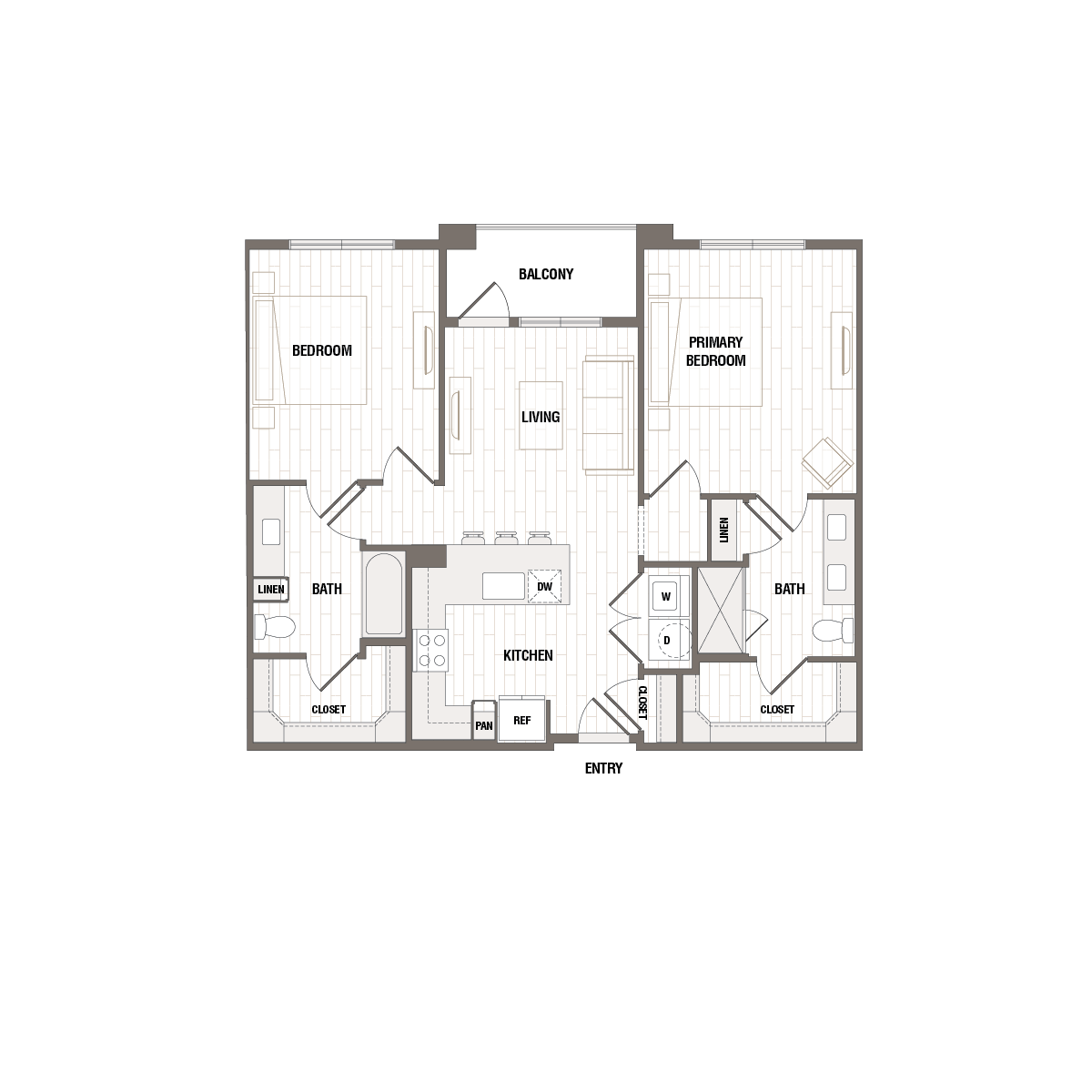 Modern floor plan showcasing 2 bedrooms, a spacious living area, and a balcony. Includes a well-equipped kitchen, 2 bathrooms, and ample storage space.
