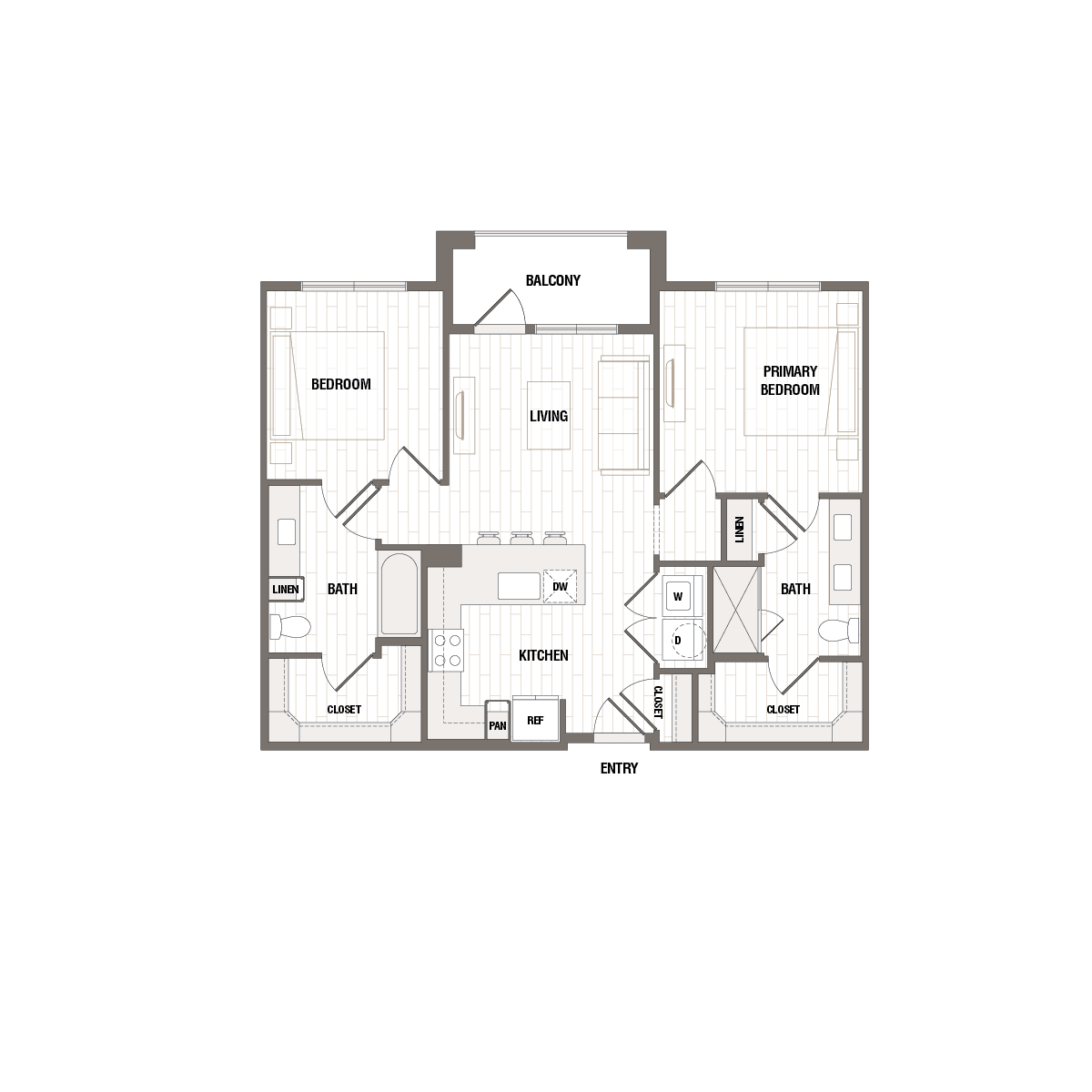 Modern floor plan showcasing 2 bedrooms, open-concept living space, sleek kitchen, and inviting balcony.