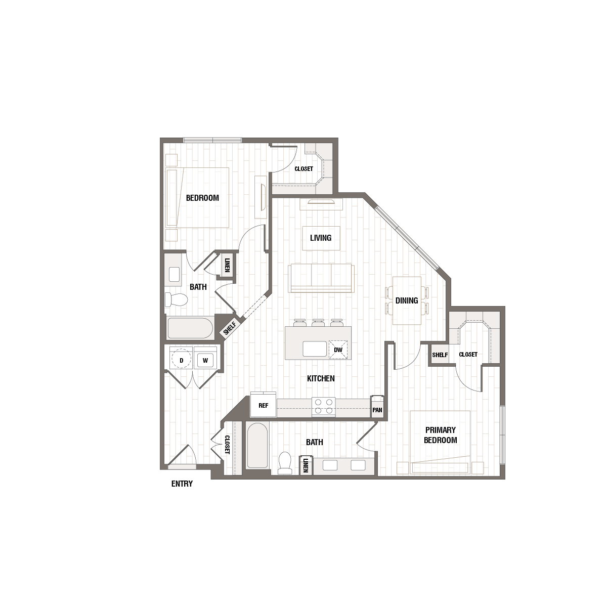 Contemporary floor plan showcasing 2 bedrooms, 2 bathrooms, open kitchen with island, and a cozy living area.