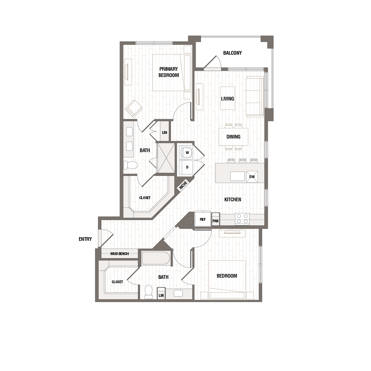 Elegant 2D floor plan displaying 2 bedrooms, a modern kitchen with island, open dining and living area leading to a balcony.