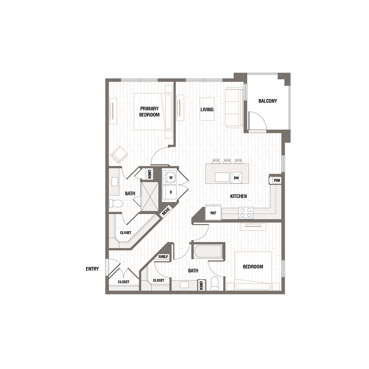 Contemporary floor plan featuring 2 bedrooms, open living area with kitchen, and private balcony.
