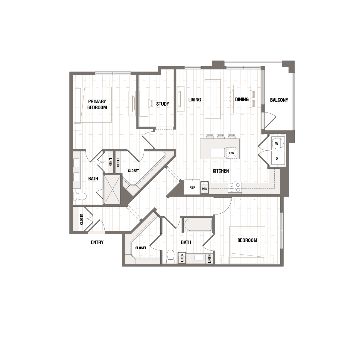 Modern apartment floor plan showcasing two bedrooms, a study, and an open-concept living, dining, and kitchen area with balcony access.