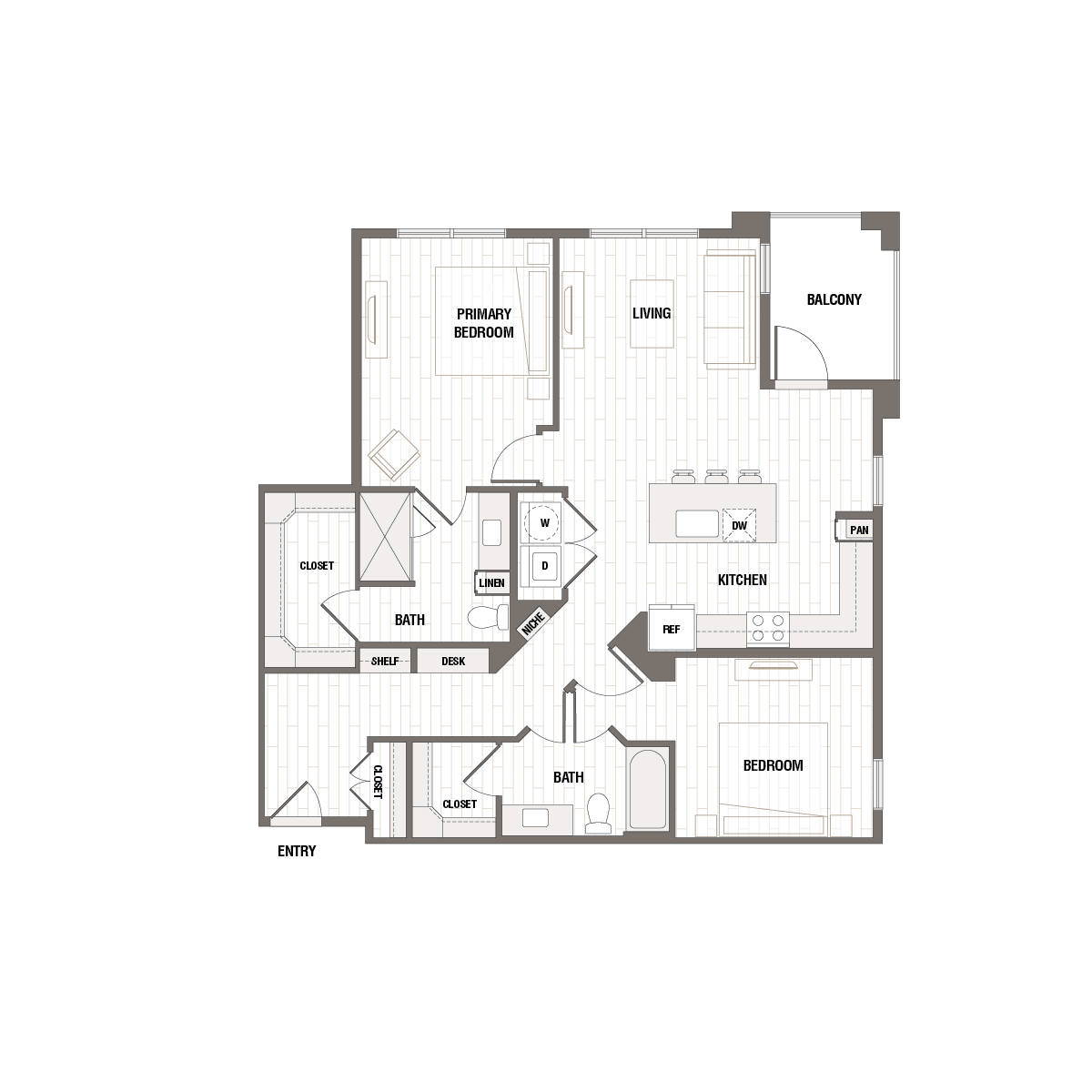 Modern floor plan featuring a spacious primary bedroom, second bedroom, stylish kitchen with island, living area with balcony access, and two full bathrooms.