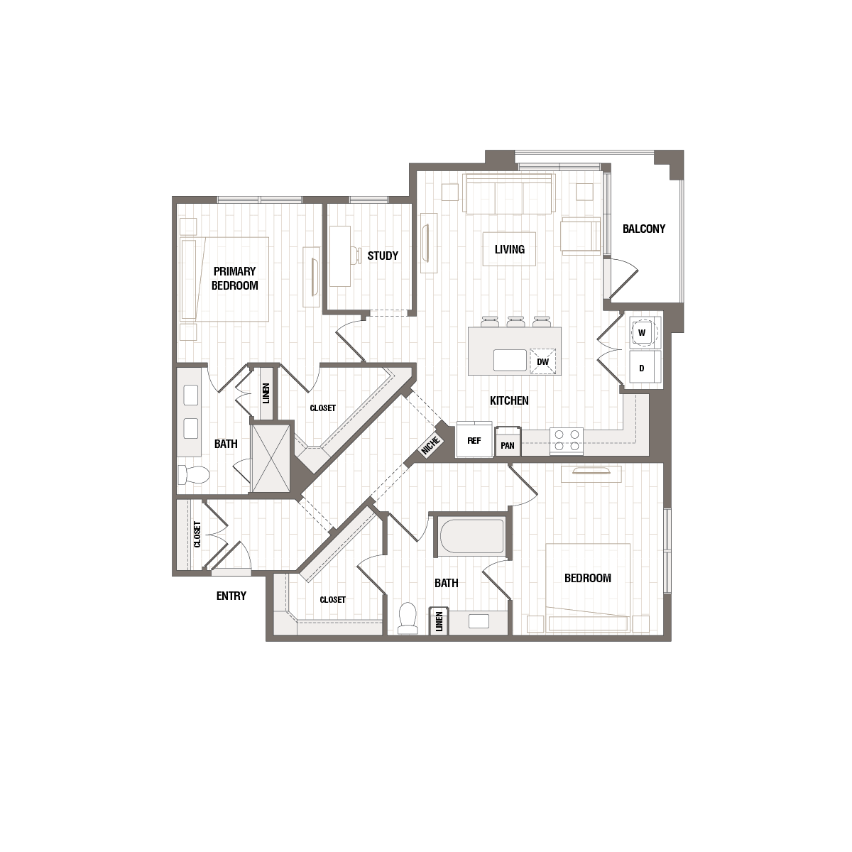 Modern floor plan showcasing 2 bedrooms, a study, open kitchen and living area, and balcony access, perfect for stylish living.