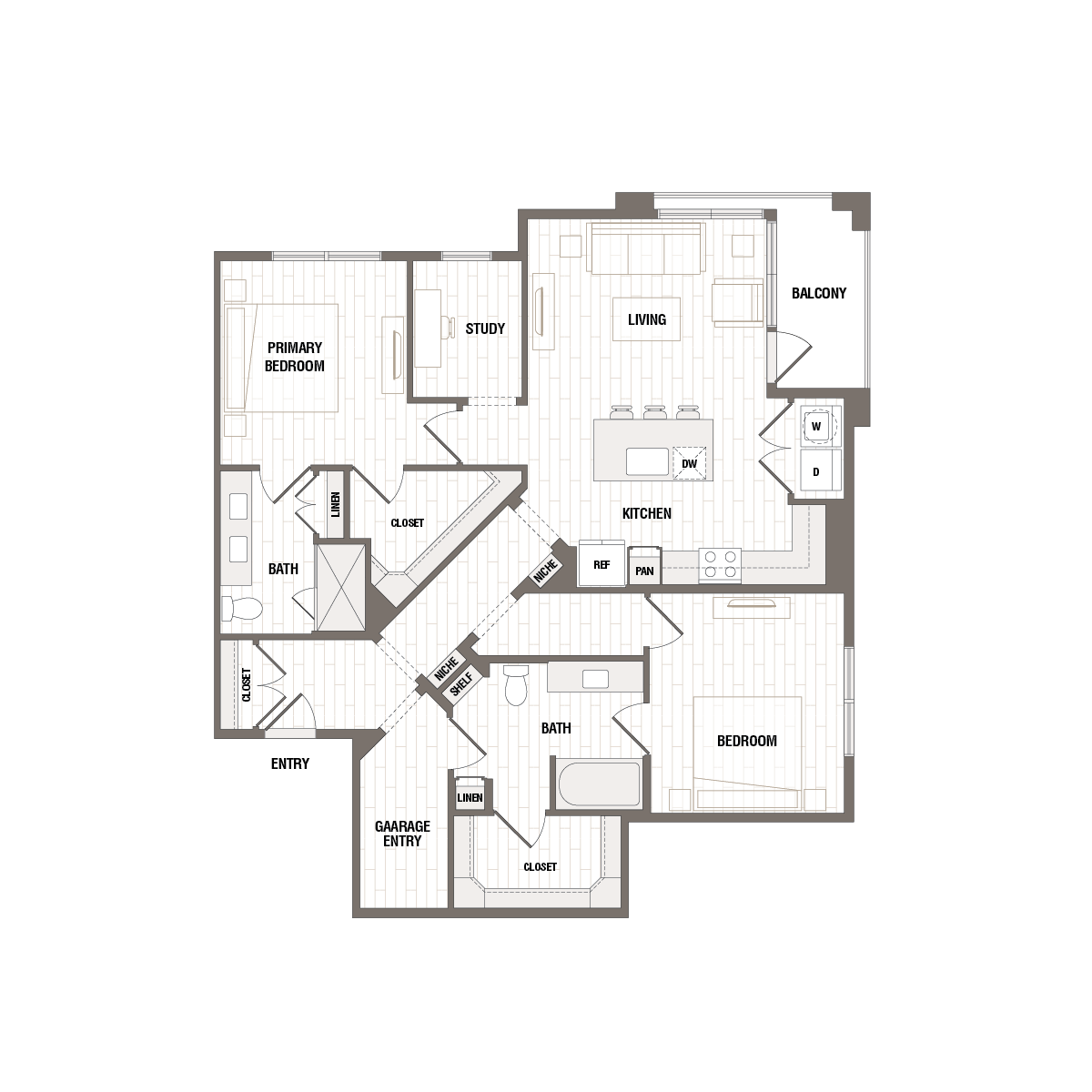 Modern floor plan showcasing 2 spacious bedrooms, a study, and an open living area with kitchen, featuring a balcony and ample storage space.