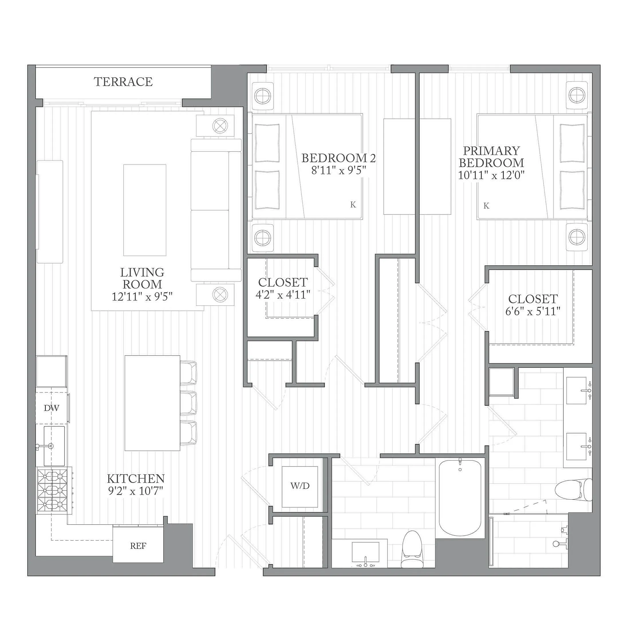 Modern floor plan showcasing a spacious layout with 2 bedrooms, open-concept kitchen and living room, and a private terrace.