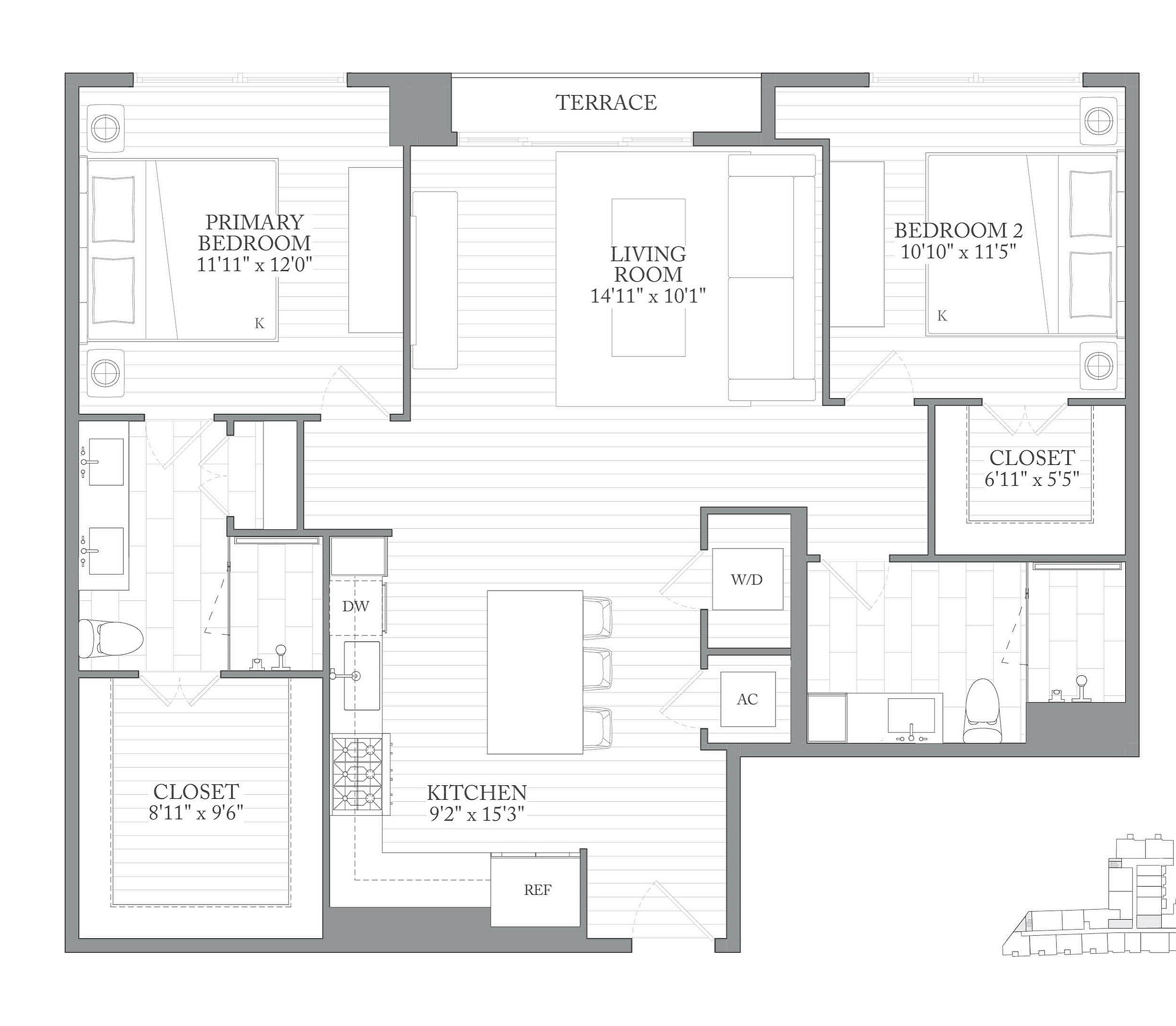 Elegant floor plan showcasing a primary bedroom, second bedroom, open living room, spacious kitchen, and terrace. Includes large closets and modern amenities.