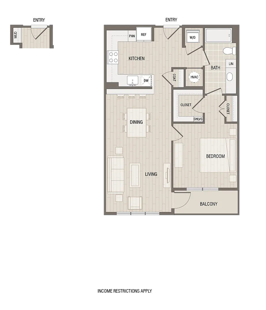 Elegant floor plan showcasing a spacious 1-bedroom apartment with an open-concept kitchen, living, and dining area leading to a private balcony.