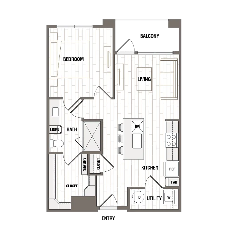 Modern 1-bedroom floor plan featuring an open-concept living room, kitchen with island, and private balcony.