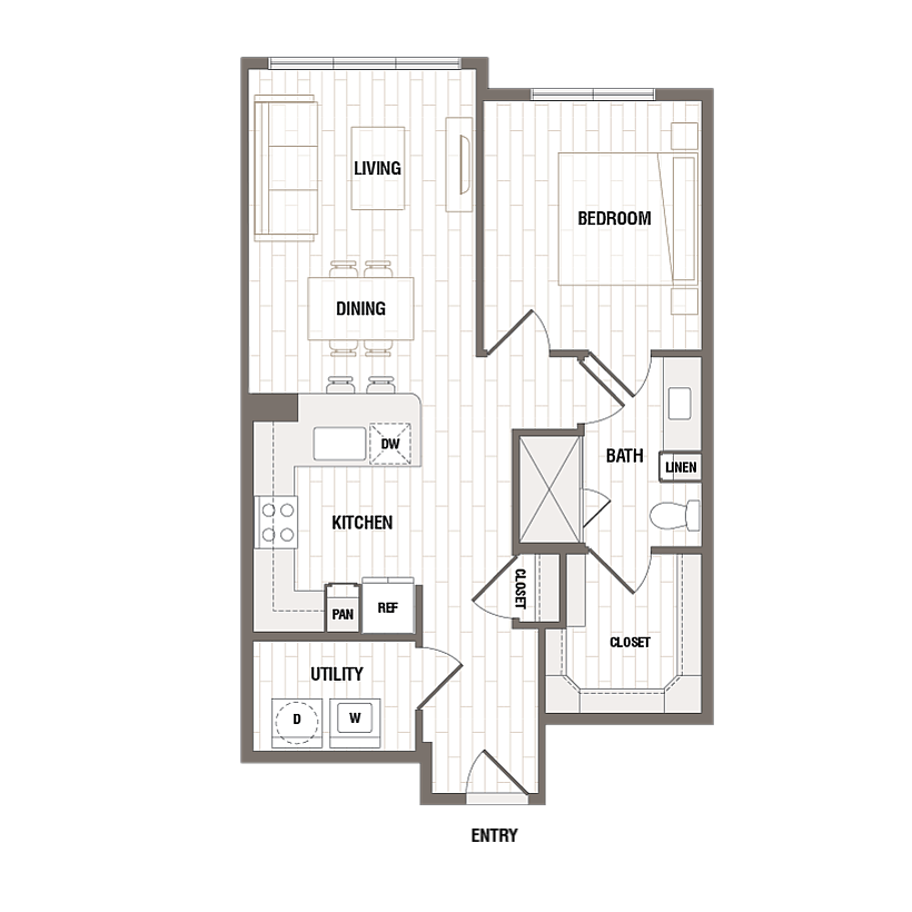 Modern floor plan featuring a cozy 1-bedroom, spacious open-concept living and dining area, sleek kitchen, and well-organized utility space.