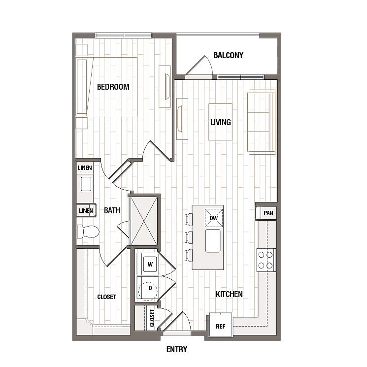 Contemporary floor plan featuring one bedroom, open living area, modern kitchen, and a private balcony.