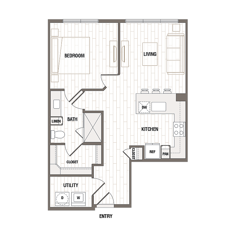 Modern 1-bedroom apartment floor plan featuring an open living area, a sleek kitchen with island, and a convenient utility room.