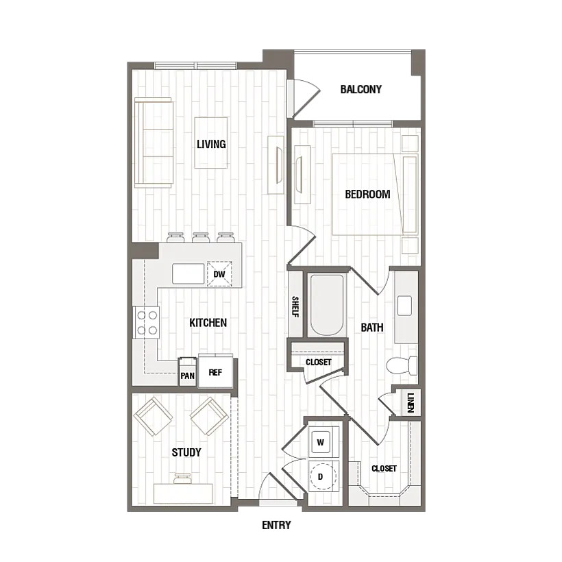 Modern apartment floor plan showcasing a cozy bedroom, spacious living area, stylish kitchen with dining, and a dedicated study space. Includes a balcony, ample storage with closets, and a washer-dryer setup.