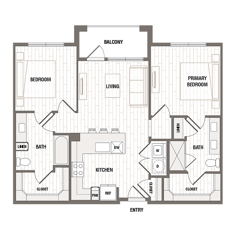 Modern floor plan showcasing two bedrooms, open-concept living area, elegant kitchen, and spacious balcony.