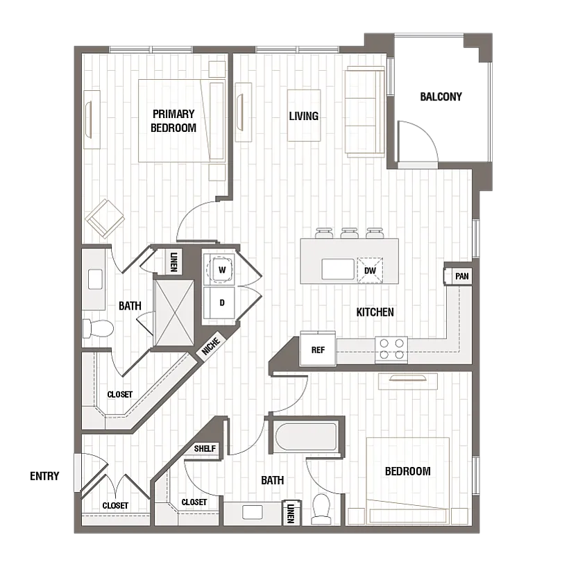 Modern floor plan featuring 2 bedrooms, open-concept living and kitchen area, and a cozy balcony.