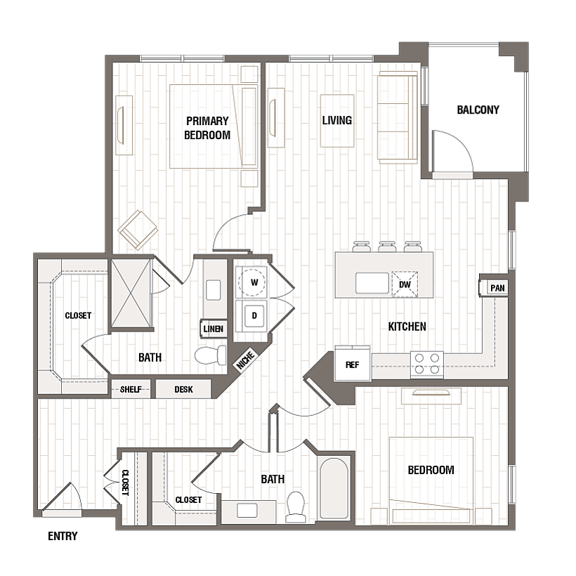 Modern floor plan showcasing 2 bedrooms, an open living area, stylish kitchen, and private balcony.