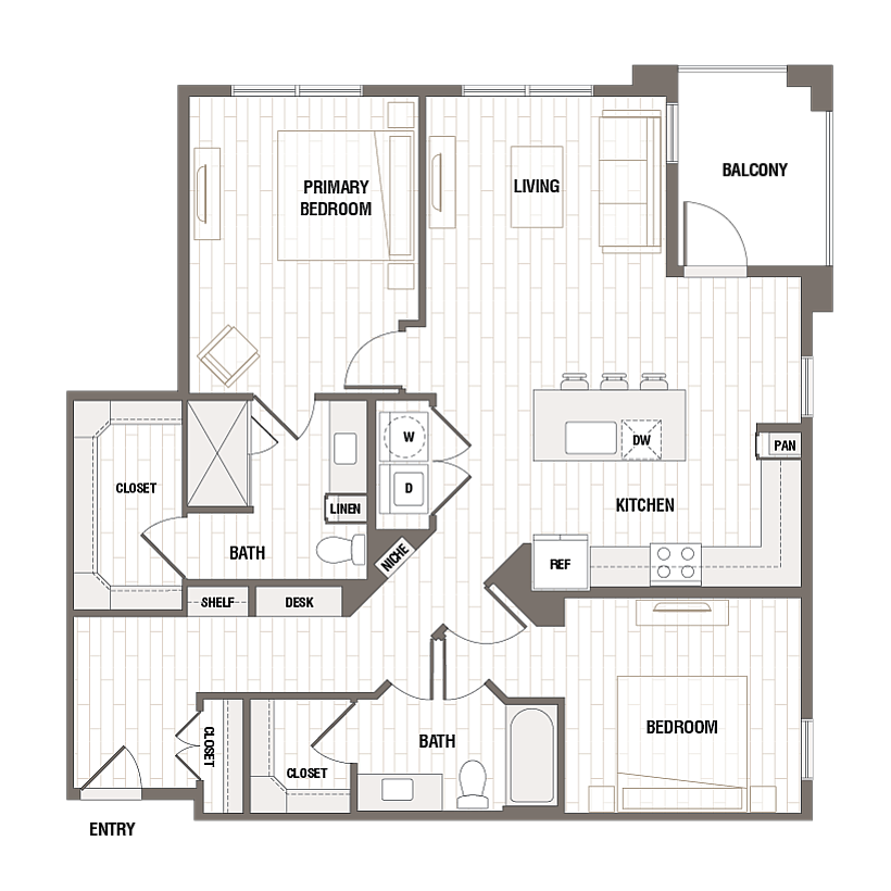 Modern floor plan highlighting a spacious 2-bedroom layout with an open kitchen, balcony, and elegant living area.