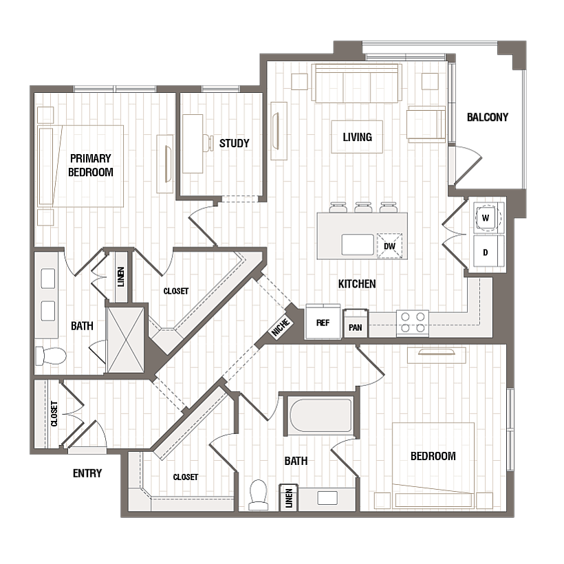 Modern apartment floor plan featuring 2 bedrooms, a study, an open-concept kitchen and living area, plus a cozy balcony.