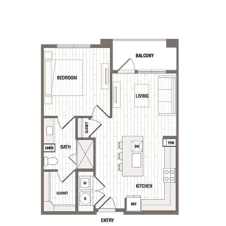 Modern floor plan showcasing a spacious one-bedroom apartment with an open living area, kitchen with island, and inviting balcony.