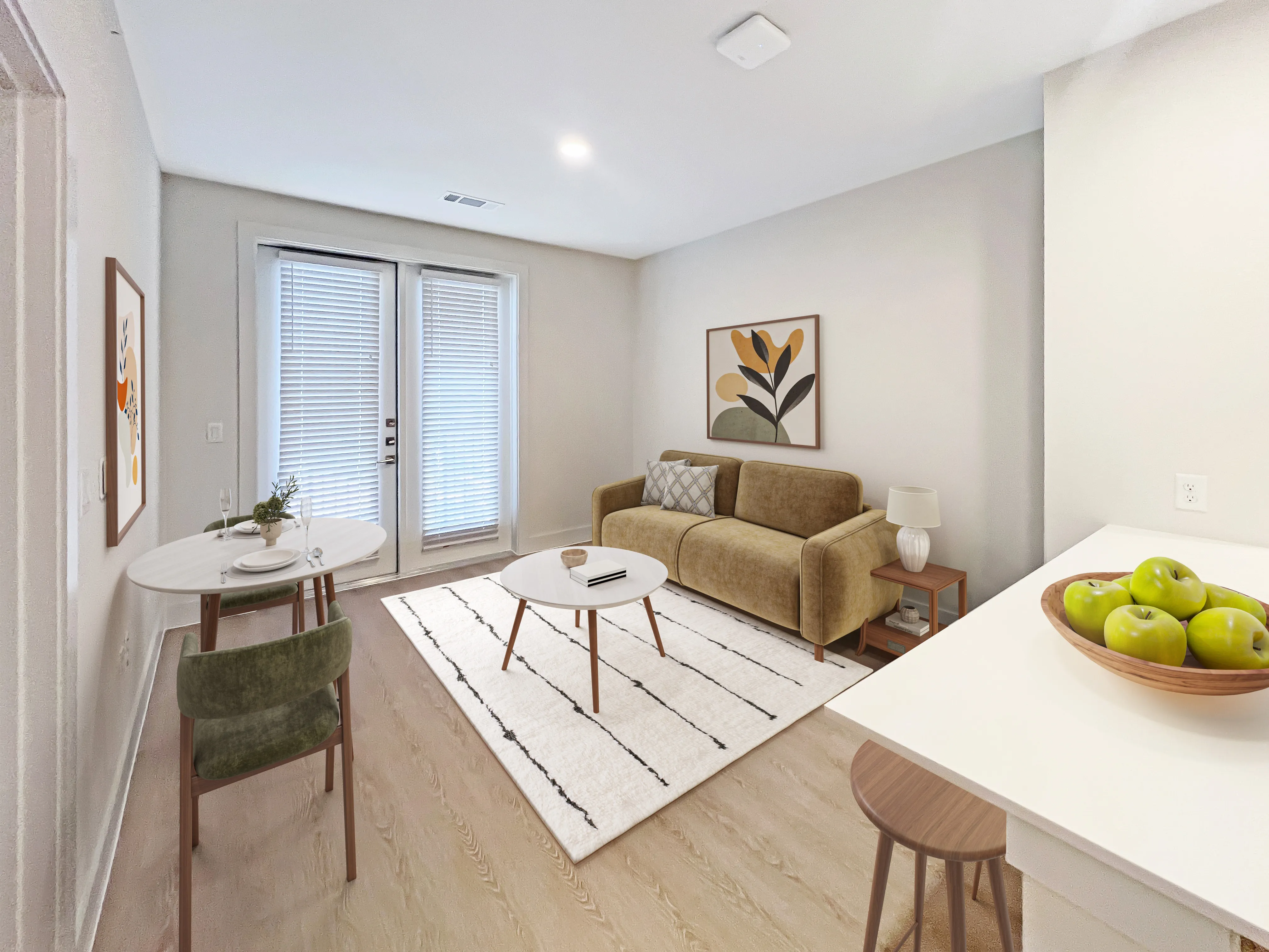 Bright and inviting living space featuring modern decor, cozy seating area, and a stylish dining nook, perfect for relaxation and entertainment.