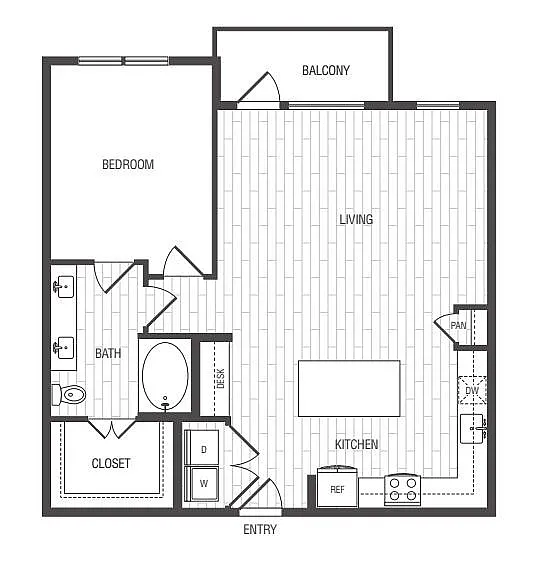 Contemporary 1-bedroom apartment floor plan with open living area, modern kitchen, and private balcony.