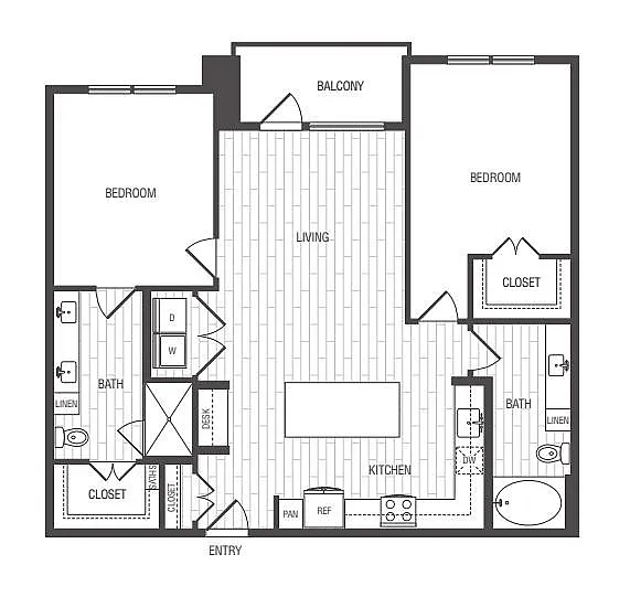 Modern floor plan showcasing two bedrooms, two bathrooms, open-concept living area, and a stylish kitchen, complete with a balcony.