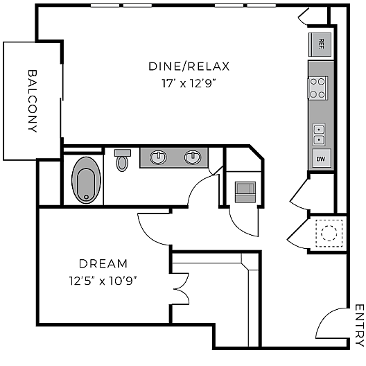 Inviting A12 floor plan showcasing a 1-bedroom, 1-bathroom layout with open dine/relax area, modern kitchen, and cozy balcony, spanning 942 sq ft.