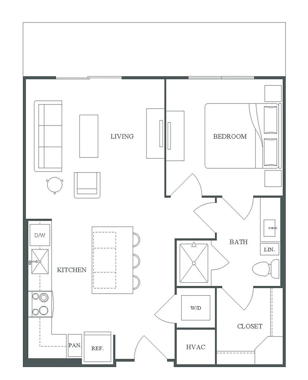 Pearl Bee Cave 1 bed, 1 bath floor plan with modern kitchen, spacious living area, and convenient layout, totaling 658 SF.