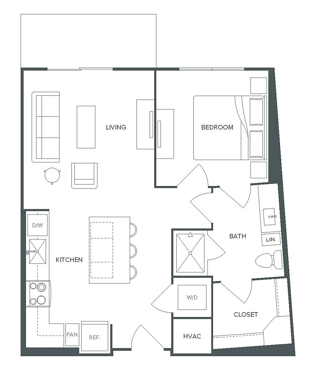Modern Pearl Bee Cave floor plan, featuring 1 bedroom, 1 bath, spacious living area, and a sleek kitchen, spanning 671 square feet.