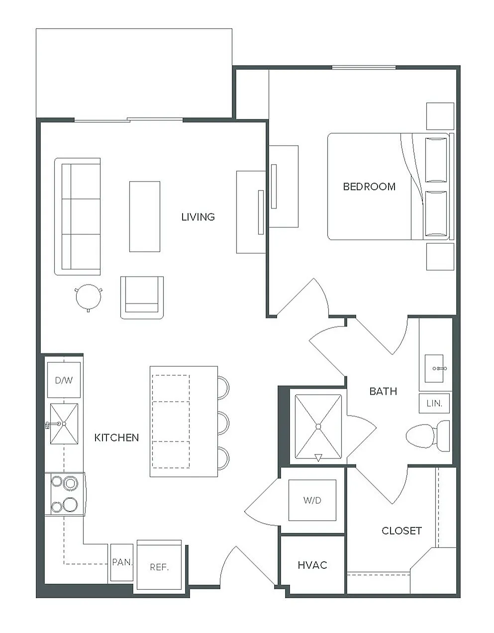 Modern A3 floor plan featuring 1 bedroom, 1 bathroom layout, open kitchen with breakfast bar, and cozy living area, totaling 682 square feet at Pearl Bee Cave.