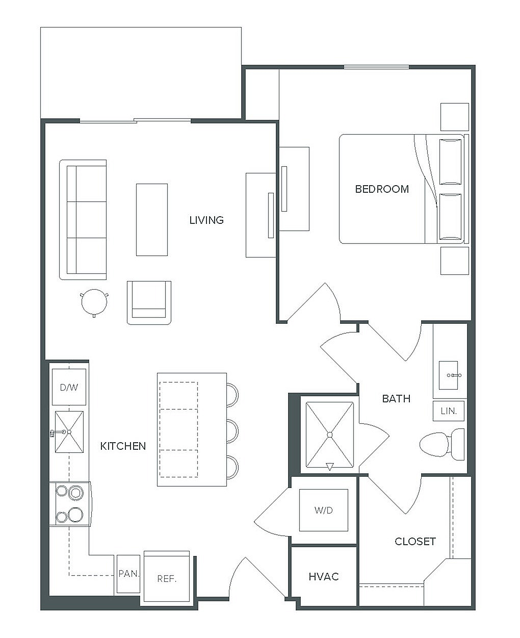 Chic and modern 1 bedroom, 1 bathroom floor plan at Pearl Bee Cave offering 682 square feet, featuring an open kitchen, cozy living area, and ample storage.