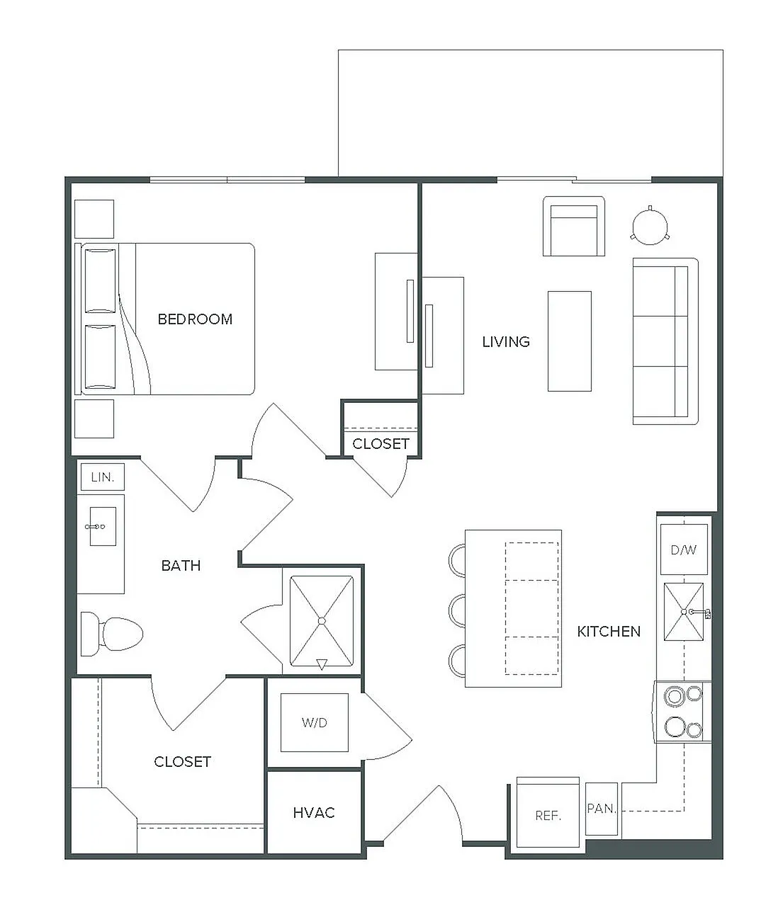 Modern Pearl Bee Cave A4 floor plan showcasing 1 bedroom, 1 bathroom, and a spacious open-concept kitchen and living area, 699 square feet.