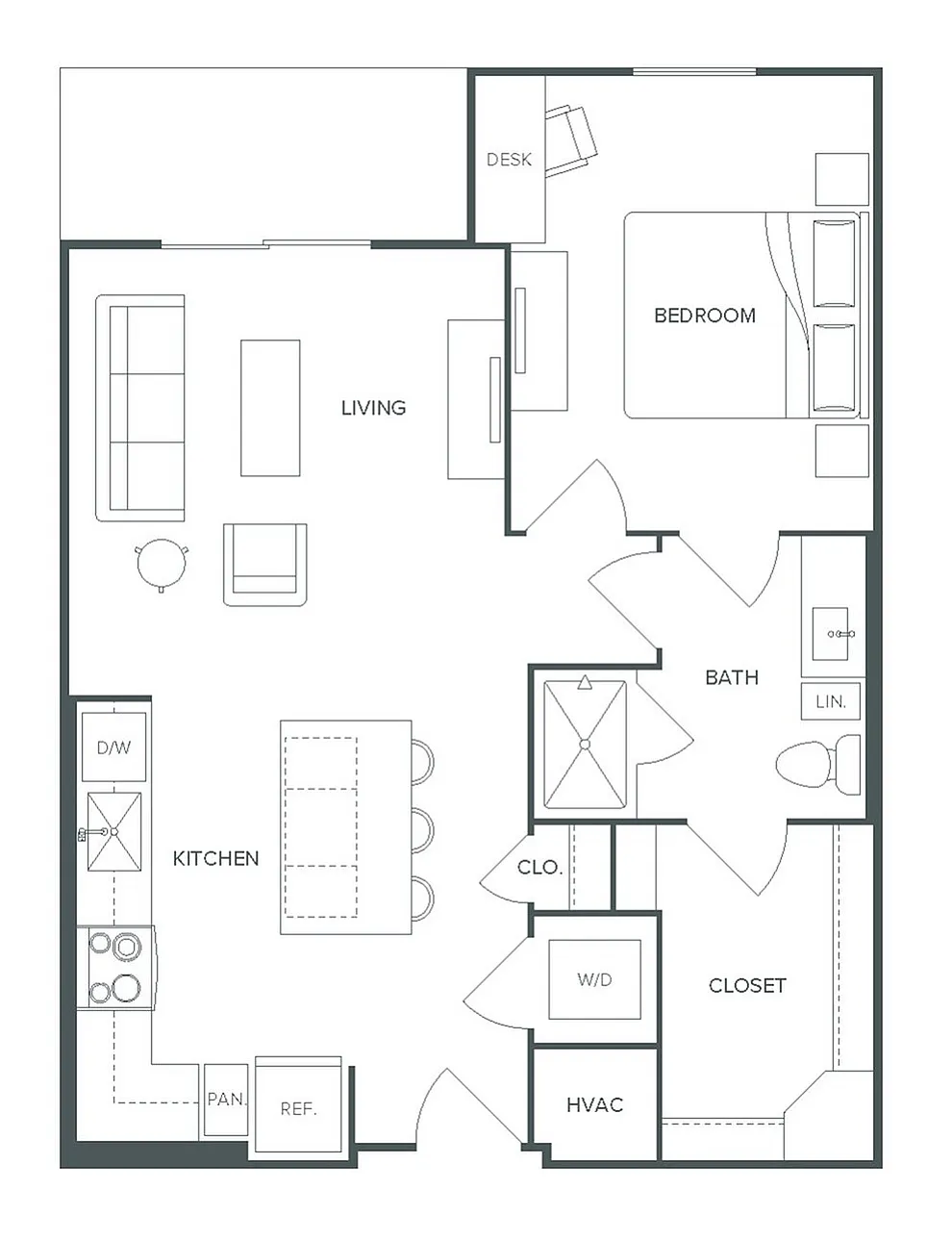 Pearl Bee Cave floor plan for a stylish 1 bed, 1 bath apartment with 704 sq ft, featuring an open living area, modern kitchen, and a cozy bedroom.
